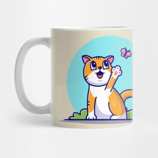 Cute Cat With Butterfly Cartoon Vector Icon Illustration Mug